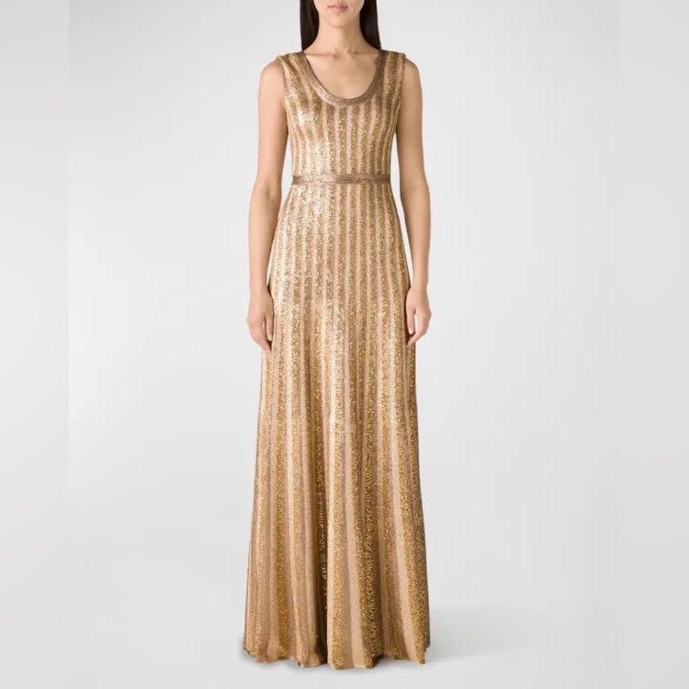 St John New Metallic Dégradé Striped Sequin Gown In Gold Size 6 $1,995.00